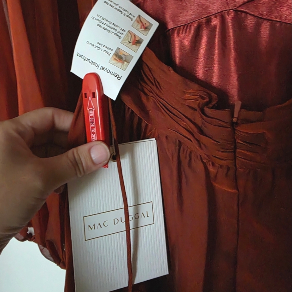 Mac Duggal 67948 Copper Criss Cross Waist Bishop Sleeve Dress Sz. 2 - Picture 10 of 12